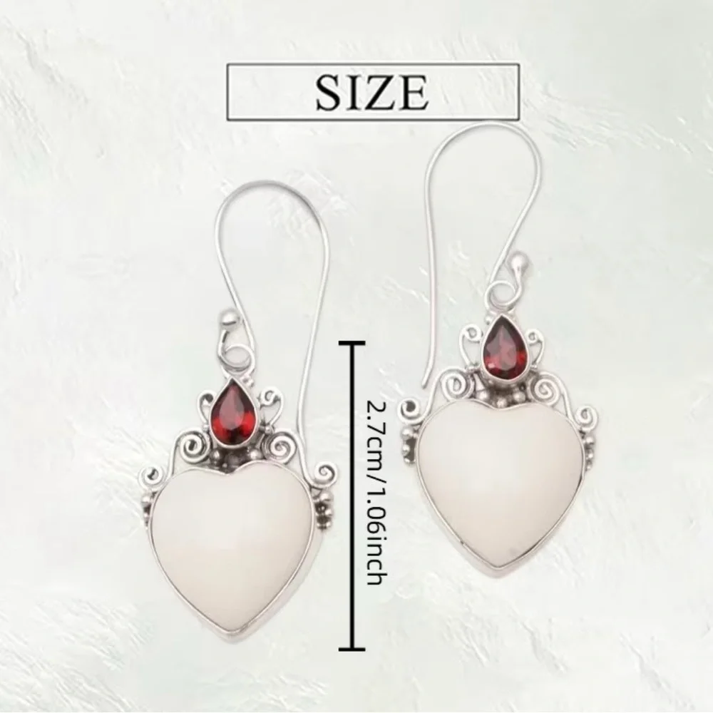 Elegant Silver and White Heart Earrings with Red Gemstones